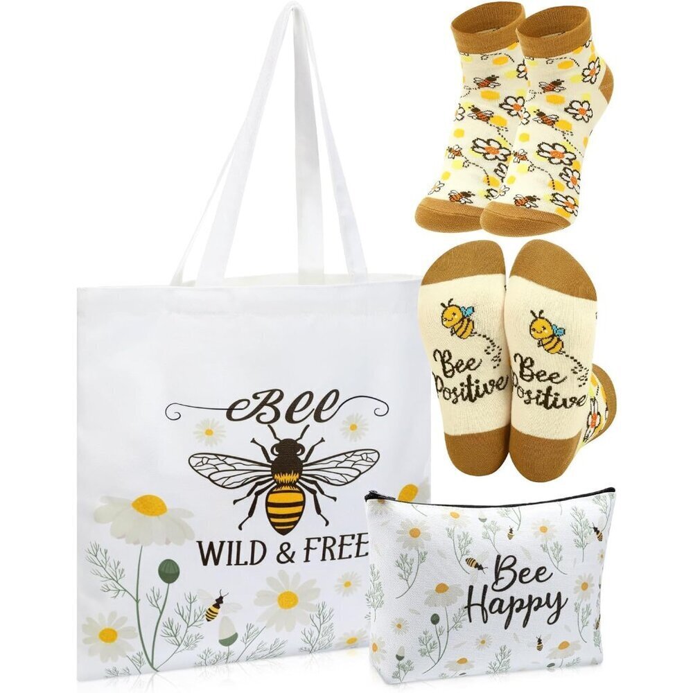 Bee Gift Set Canvas Tote Makeup Bag Socks For Women Nature Lovers